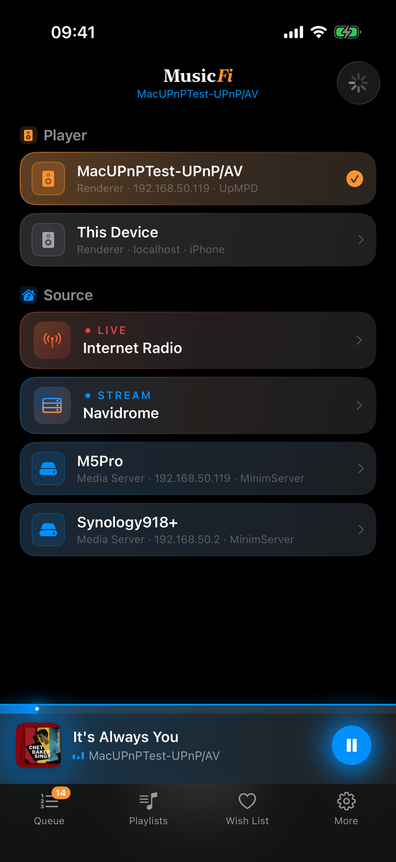 Sources and renderers list
